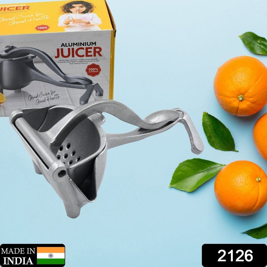 Metal fruit press juicer for home use.