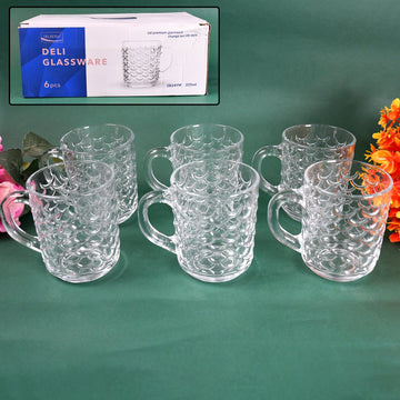 Glass Coffee & Tea Cup / Mug With Handle, Water glass (6 pcs Set / 225 ML)