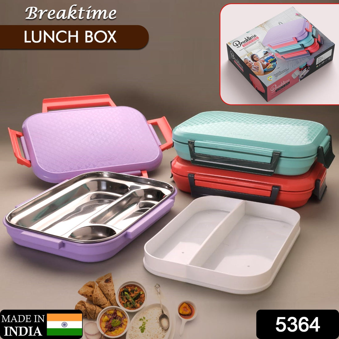 Multi-compartment lunch box with steel plates and a lid.