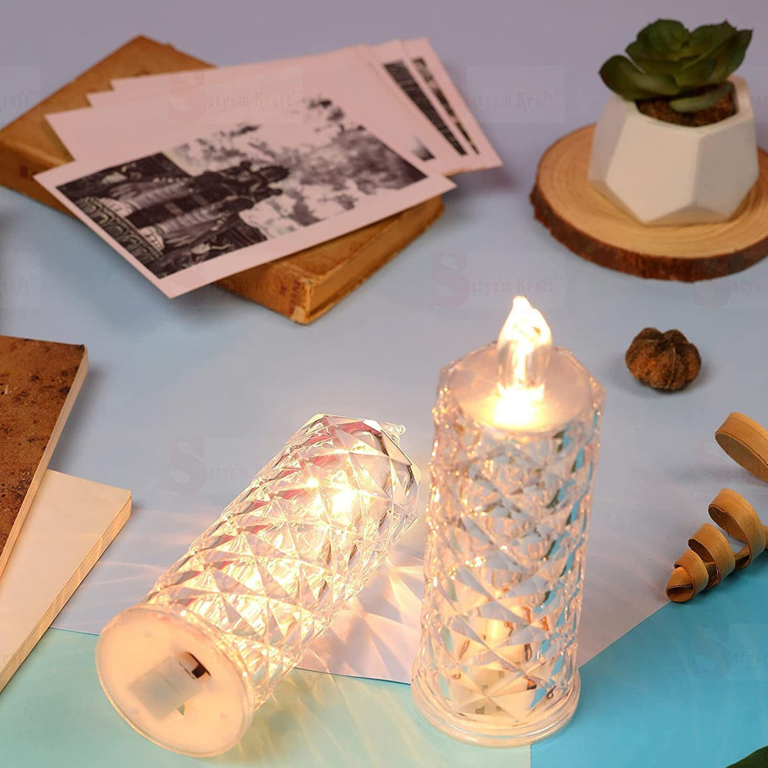 LED rose-shaped candle with a crystal-clear acrylic design, ideal for home decor and gifting.