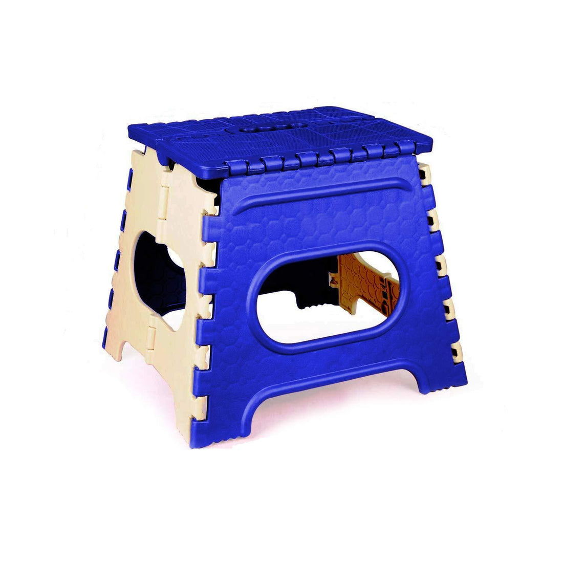 Multicolor 12-inch plastic folding step stool with a handle for kids and adults.