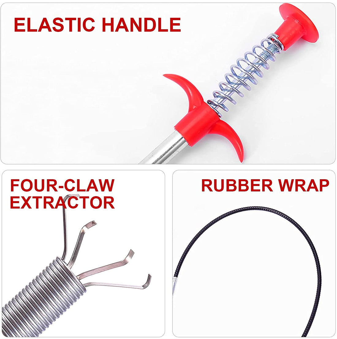 Long multifunctional pipe cleaner tool for unclogging drains and removing blockages.